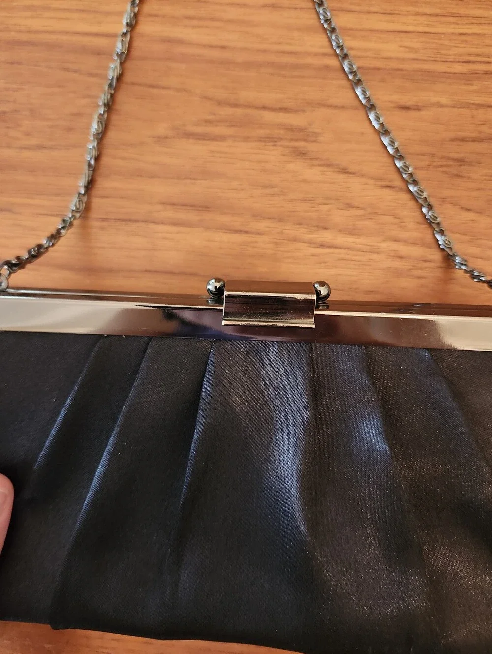 Gunne Sax Pleated Black Satin Clutch With Tuck-In Chain Strap